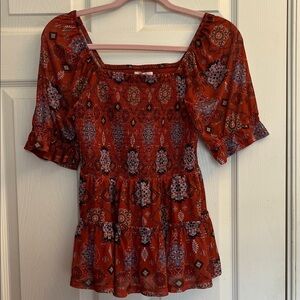 Maurices Rust Red Patterned Blouse XSmall